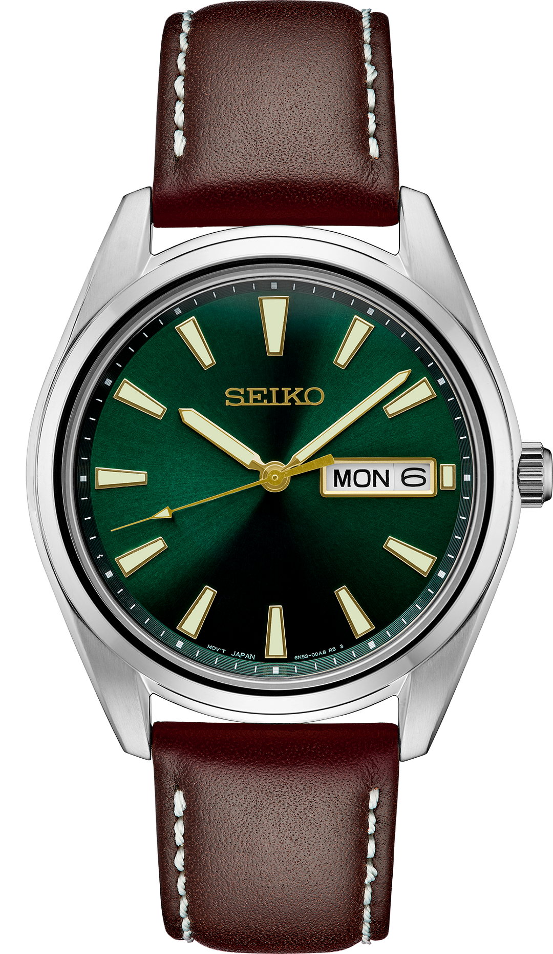Seiko SUR449 green dial leather strap quartz watch